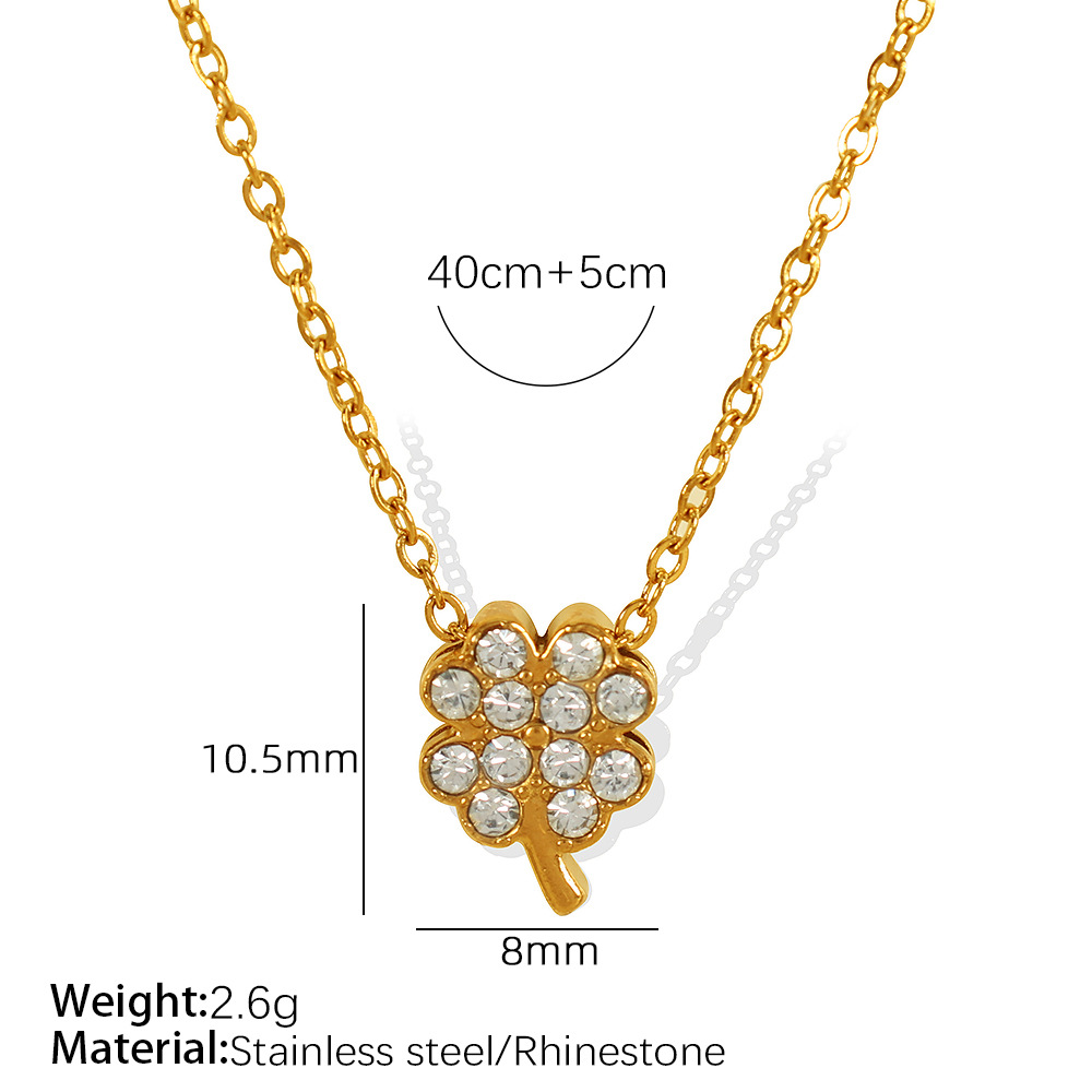 1 Piece Simple Series Four-leaf Clover Stainless Steel  Gold Color Rhinestone Women's Pendant Necklaces h5 